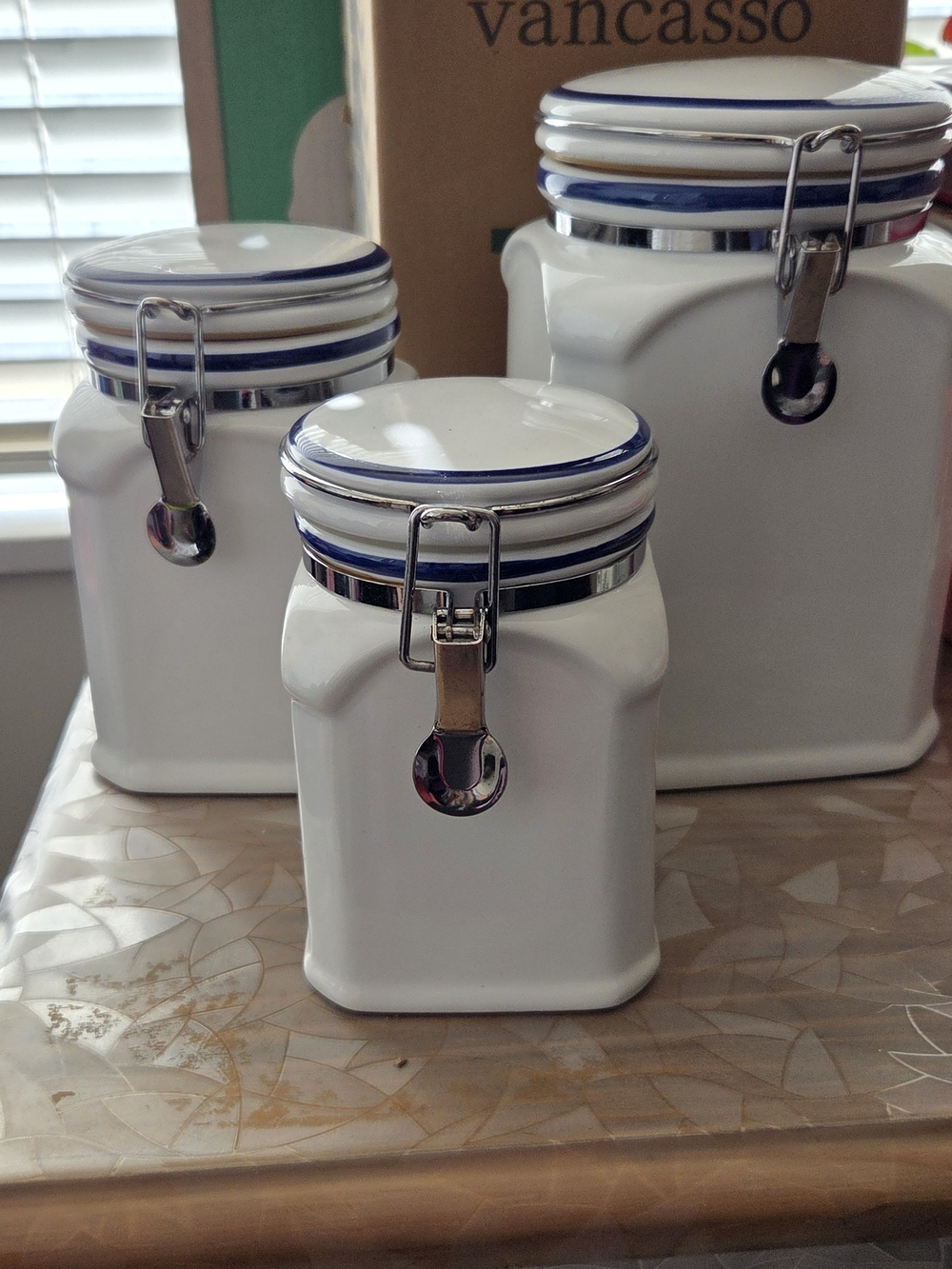 White Ceramic Canister with Blue Trim - Set of 3